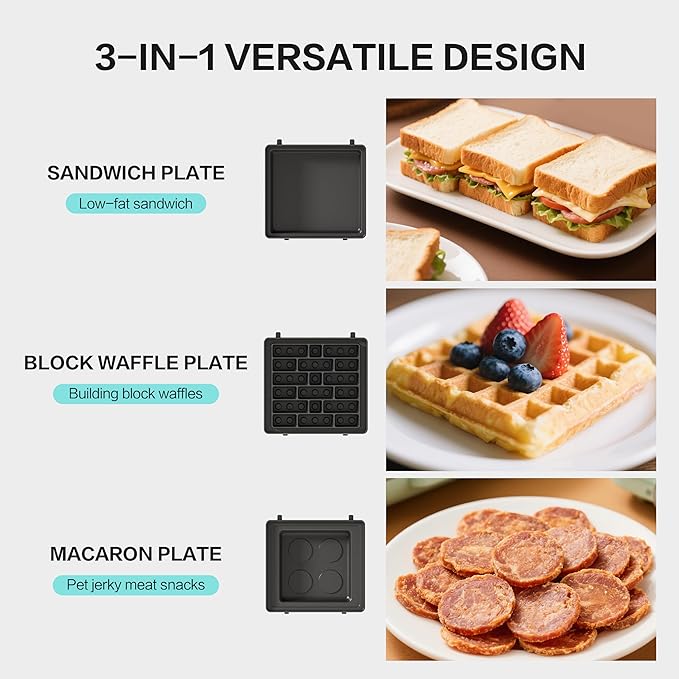 CANDY™ 3-in-1 Waffle Maker Panini Press, Grilled Sandwich Maker with Removable Plates, Compact & Portable Mini Toaster, Fast Double Heating, Unique Block-Style Design, Great for Breakfast or Snacks