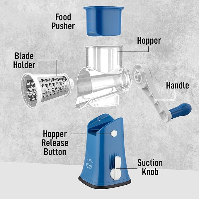 Zulay Kitchen Rotary Cheese Grater 5 Blade Cheese Shredder - Manual Hand Crank Cheese Grater With Reinforced Suction & 5 Interchangeable Drums - Easy to Use, Vegetable Chopper Round Mandoline Slicer