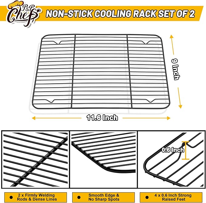 P&P CHEF Cooling Baking Rack Pack of 2, Stainless Steel Cooling Racks for Cooking Baking Roasting Grilling Drying, Dense Wires & Smooth Edge, Easy to clean, Black,11.6" x 9"