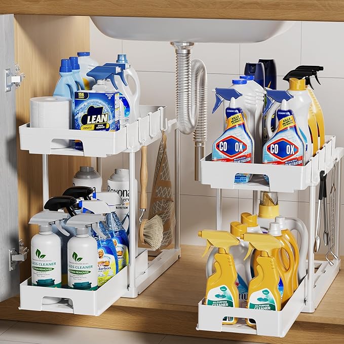 Delamu Under Sink Organizers and Storage, 2 Pack Pull Out Kitchen Bathroom Cabinet Organizer, 2 Tier White Under Sink Storage for Bathroom Kitchen, Under Counter Storage Organizer with 8 Hooks