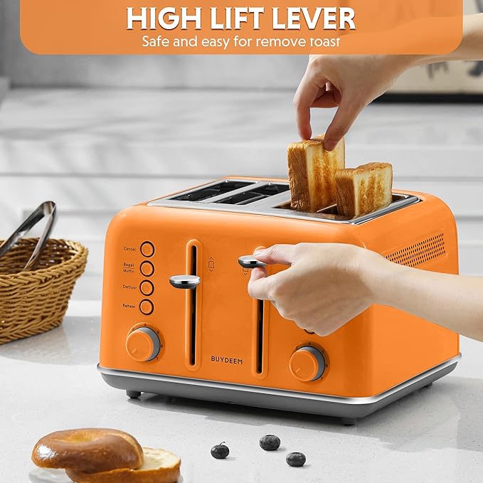 BUYDEEM DT640 4-Slice Toaster, Extra Wide Slots, Retro Stainless Steel with High Lift Lever, Bagel and Muffin Function, Removal Crumb Tray, 7-Shade Settings,Orange