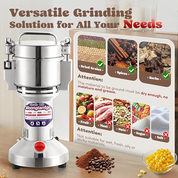 Moongiantgo Grain Mill Grinder Electric 500g Commercial Spice Grinder 2500W Stainless Steel Pulverizer Dry Grinder Grinding Machine (500g Upright, 110V)