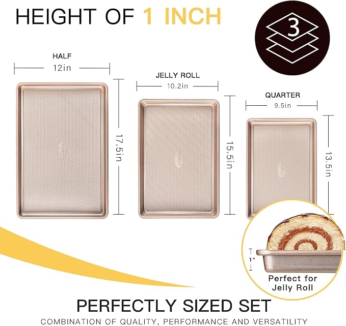 HONGBAKE Baking Sheet Pan Set of 3, Cookie Sheets for Oven, Nonstick Half/Quarter/Jelly Roll Pans with Diamond Texture Pattern, 0.8mm Thick Heavy Duty Cookie Tray, Champagne Gold
