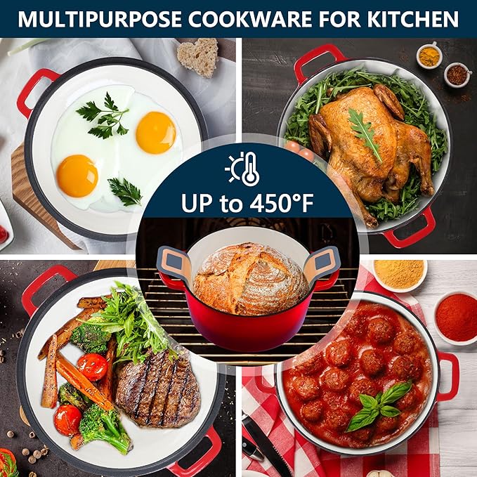 E-far 5 Quart Enameled Cast Iron Dutch Oven, 2 in 1 Dutch Oven Pot with Skillet Lid and Silicone Bread Sling, Ideal for Bread Baking, Cooking, Stewing, Frying, Induction & Oven Safe - Red