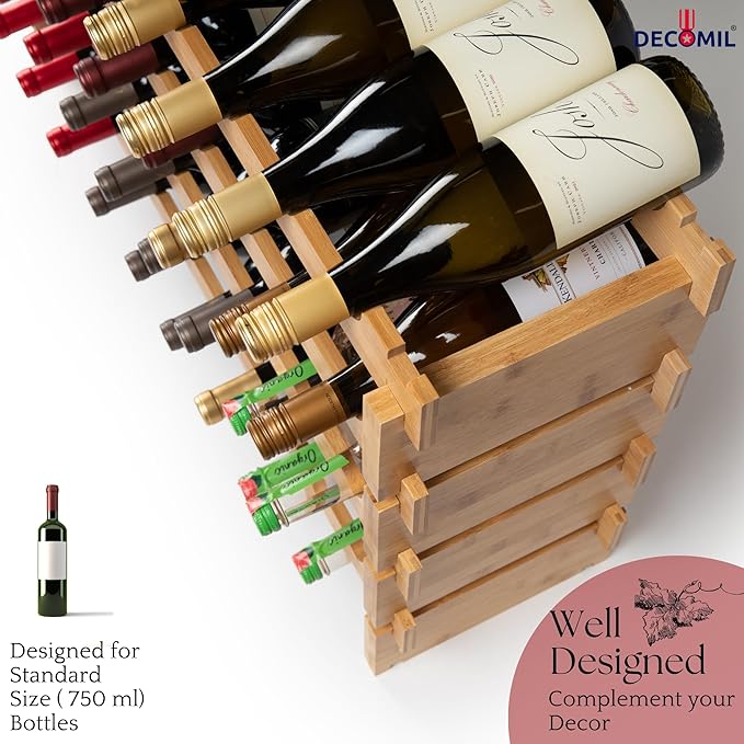 DECOMIL - 36 Bottle Large Wine Rack, Stackable & Modular Wine Storage Rack, Solid Bamboo Wine Holder Display Shelves, Wobble-Free (Four-Tier, 36 Bottle Capacity)