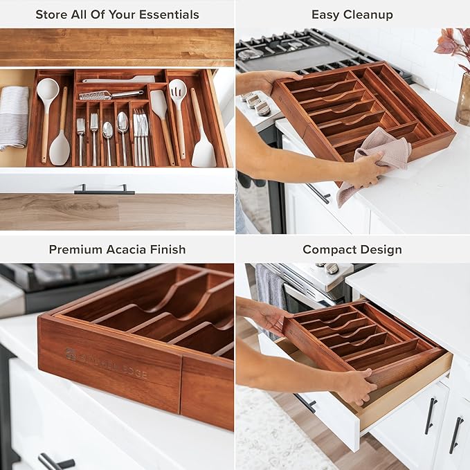 Premium Silverware, Flatware and Utensil Organizer for Kitchen Drawers, Expandable 14.5 to 25 Inches Wide, 10 Compartments, Food-Safe Premium Acacia Wood Finish Kitchen Storage Tray