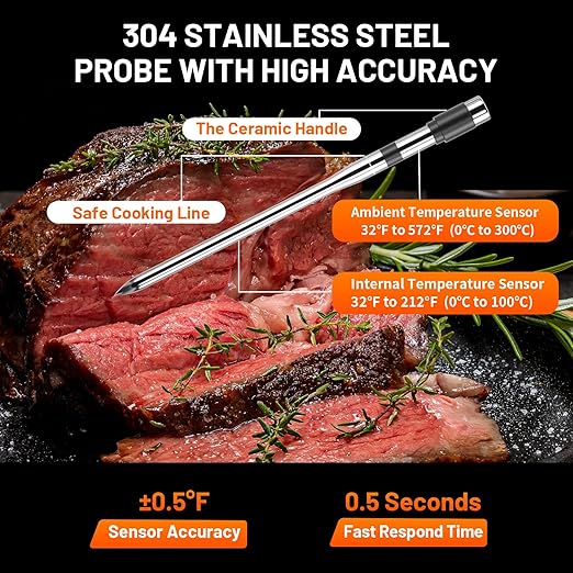 Meat Thermometer Digital - Instant Read Grill Food Thermometer Wireless, 0.19In Ultra-Thin Dual Sensor Probe, 5.2 Bluetooth 800ft App Alerts, IP67 Waterproof for BBQ, Oven, Kitchen