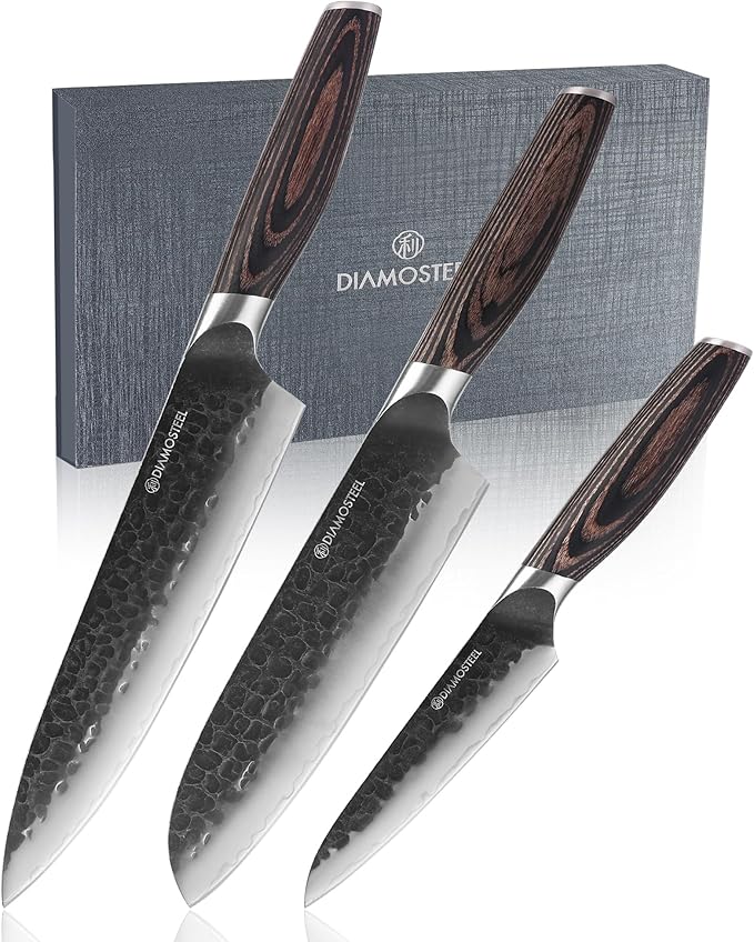 Kitchen Knife Set - 3 Pieces Knives Set for Kitchen High Carbon 9CR18MOV Steel, Hammered Black Oxide Blade & Pakkawood Handle - Profession Chef Knife Set Elegant Holiday Gift for Chefs