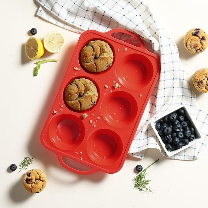 2 Packs 6 Cups Silicone Muffin Pan for Baking with Metal Reinforced Frame Jumbo Size Cupcake Pan Tray Egg Bites Silicone Circle Cookie Molds Muffin Tin Tart Pans Large Big Sheet Set for Breakfast