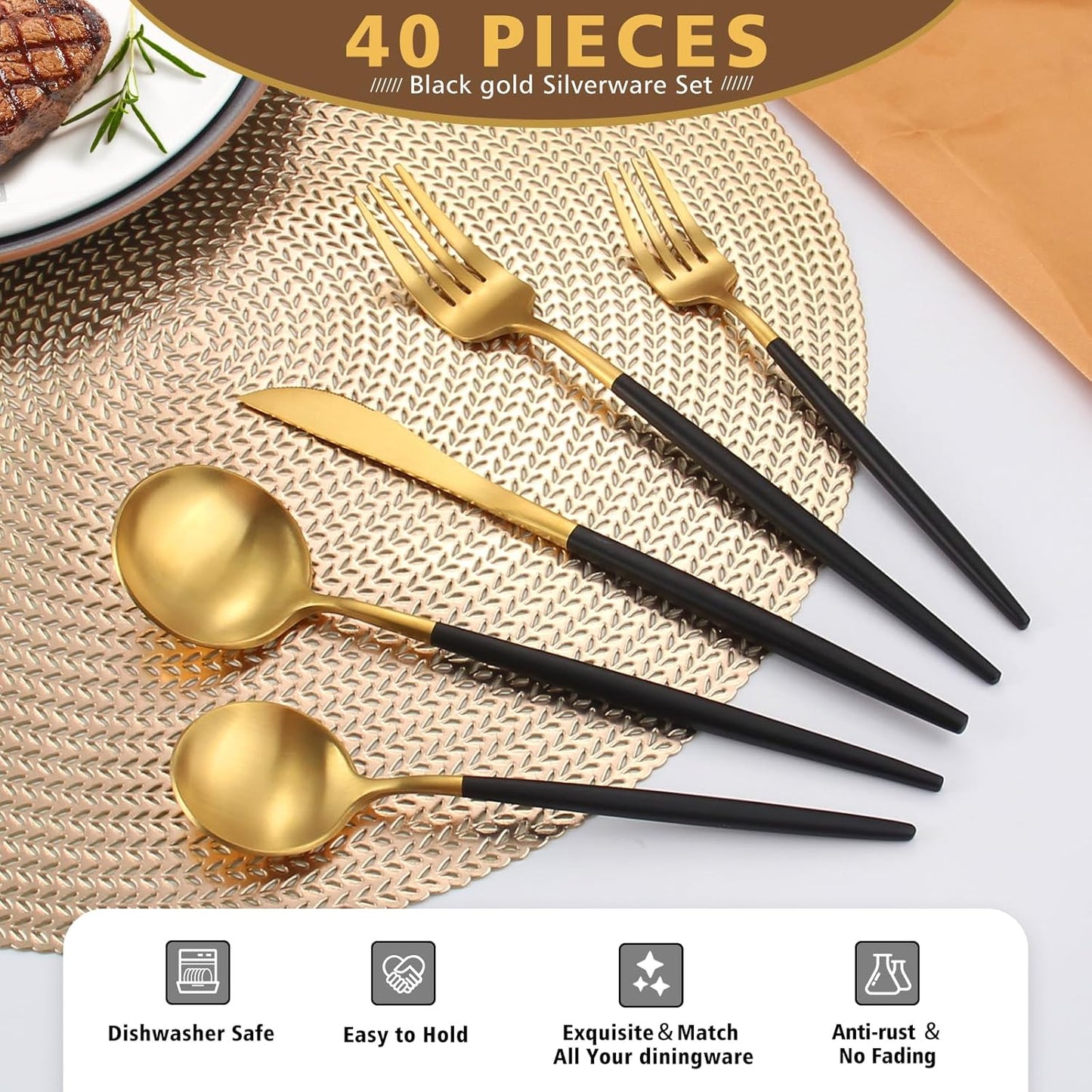 Matte Black Gold Silverware Set, Oliviola 40-Piece Stainless Steel Flatware Cutlery Set Service for 8, Satin Finish Kitchen Utensil Set, Dishwasher Safe