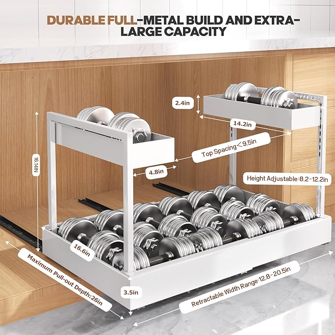 Expandable Under Sink Organizer with 3 Ball-Bearing Slide Rails, 2-Tier Pull-Out Under Cabinet Storage Shelf for Kitchen & Bathroom, Height-Adjustable Slide-Out Cabinet Drawer （White, 1-Pack）