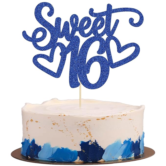 Gyufise 1Pc Sweet Teenager 16 Cake Topper Glitter 16th Birthday Cake Pick for Cheers to 16 Years Old 16th Birthday Party Cake Decorations Supplies Blue