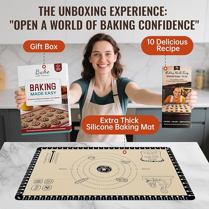 Silicone Baking Mat with 10 Recipes, Extra Thick Silicone Mats for Baking, Non Stick Pastry Mat,Reusable kneading Dough Rolling Mat for Cookie, Macaron, Bread, Pizza
