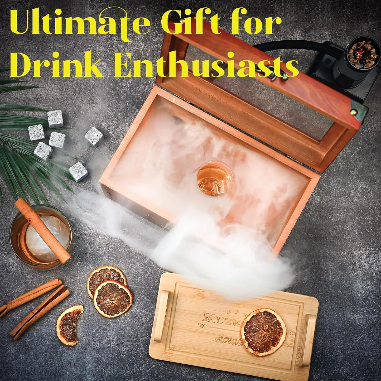 Cocktail Smoker Kit - Whiskey Smoker Kit with Smoking Gun, Smoker Box, 6 Flavors Wood Chips with Whiskey Stones & Ice Mold - Bourbon Old Fashioned Smoker Kit, Gifts for Men, Dad (Torch Not Required)