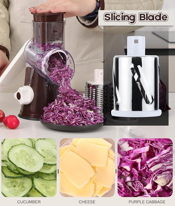 Ourokhome Rotary Cheese Grater Hand Crank, Kitchen Shredder Speed Mandolin Slicer Nut Grinder with Handle and Drum Blades for Cheese, Vegetable, Walnuts, Chocolate, Potato, Carrot,3 Blades, Coffee