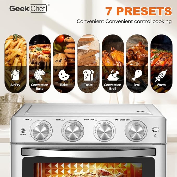 Geek Chef 26 QT Air Fryer Oven, Big Air Fryer, Toast Oven with Bake, Roast, Pizza, Easy to Use & Clean, 6 Slice Toast, Stainless Steel