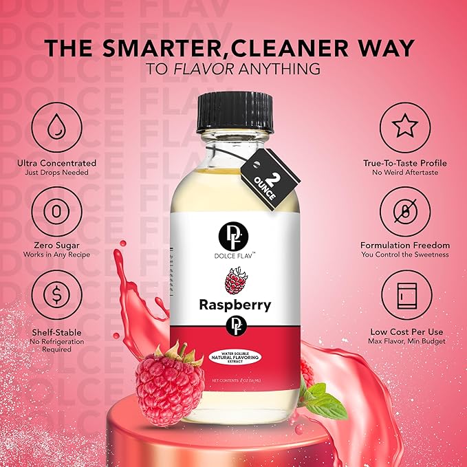Dolce Flav Natural Raspberry Extract 2 oz – Kosher, Sugar-Free, Concentrated Tart Raspberry Flavoring for Baking, Beverages & Desserts, Includes Measured Dropper