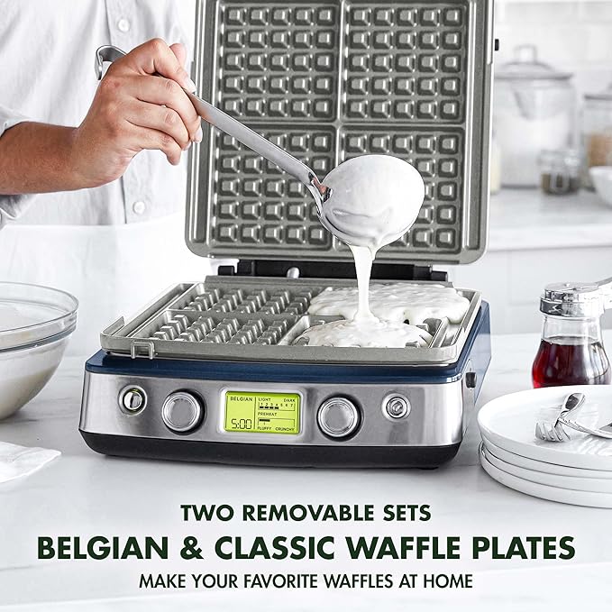 GreenPan Elite 4-Square Belgian & Classic Waffle Maker, Healthy Ceramic Nonstick Aluminum Dishwasher Safe Plate,Adjustable Shade/Crunch Control Wont Overflow Easy Clean,Breakfast,PFAS-Free,Oxford Blue