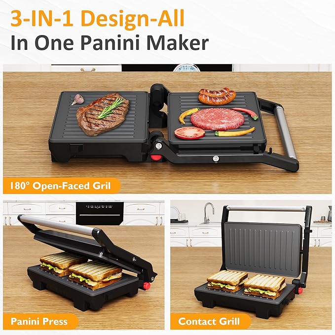 Sunvivi Panini Press Sandwich Maker: Electric Panini Press Grill with Locking Lid, Portable Indoor Panini Maker with Nonstick Plates, 1000W Double-sided Grill with 180° Flat Opening, Easy to Clean