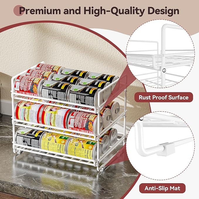 SUFAUY 3 Tier Can Organizer for Pantry, Holds 36 Cans for Cabinet Storage or Kitchen Shelves, 12" d X 16.5" w X 14" h, White