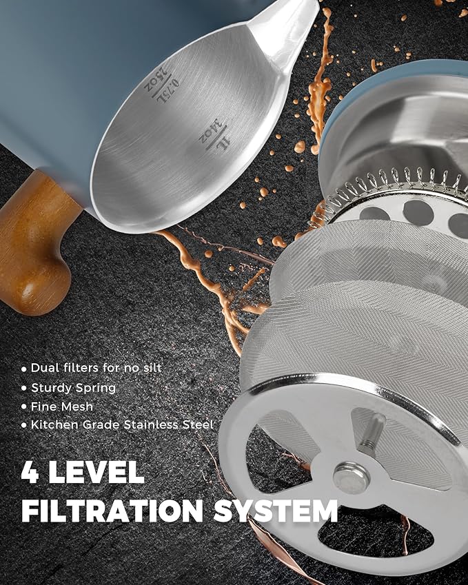 POLIVIAR French Press Coffee Maker, 34 oz Coffee Press with Real Wood Handle, Double Wall Insulation & Dual-Filter Screen, Food Grade Stainless Steel for Good Coffe and Tea, JX2025-XFPU