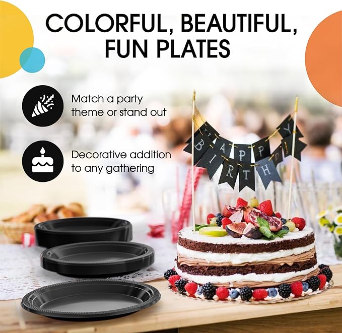 Exquisite Party Solids Black Plastic Plates For Party 9" Black Disposable Plates Heavy Duty Supplies 100 Pcs Plastic Dinnerware Sets Heavy Duty 350 GSM Disposable Dinnerware Set