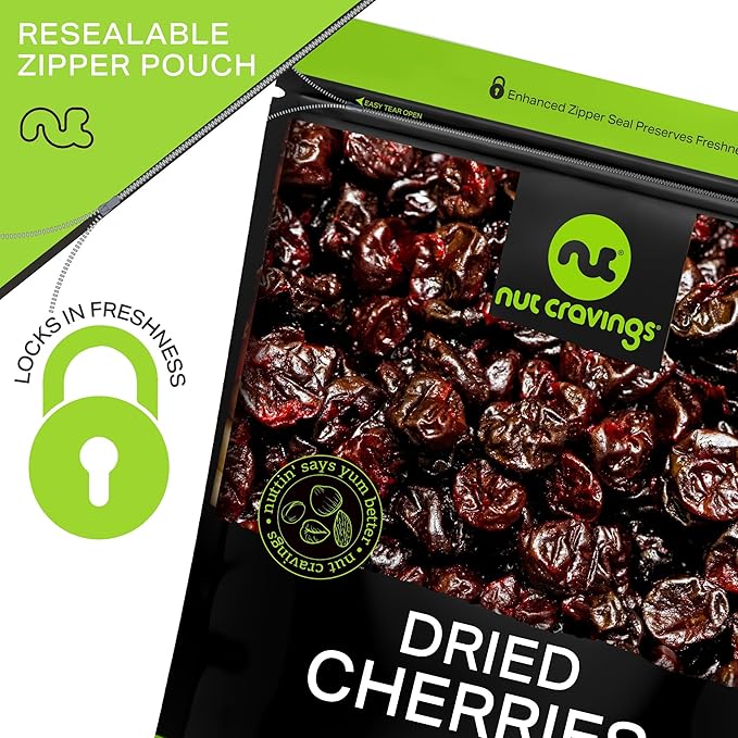NUT CRAVINGS - Sun Dried Sour Tart Cherries, Lightly Sweetened (6oz, 1 Pack) Bulk Dry Fruits Packed Fresh in Resealable Bag - Sweet Healthy Snack, Naturally Grown, Vegan, Kosher