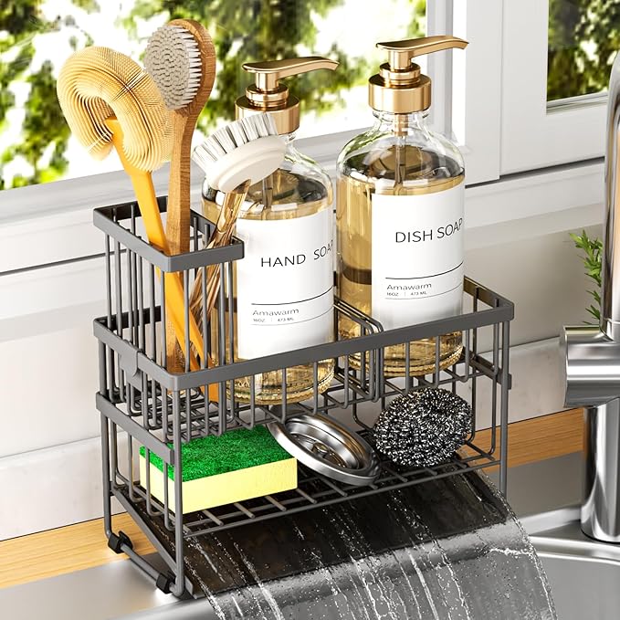 Sponge Holder for Kitchen Sink, 2 Tier Sink Caddy Organizer with High Brush Holder, Self-Draining Sponge Holder for Sinks, Soap Dispenser Organizer, Rustproof 304 Stainless Steel, Gray