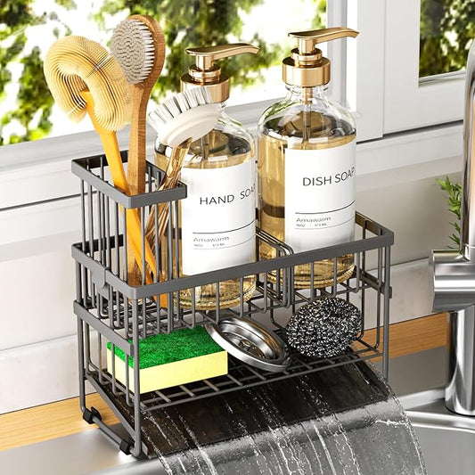Sponge Holder for Kitchen Sink, 2 Tier Sink Caddy Organizer with High Brush Holder, Self-Draining Sponge Holder for Sinks, Soap Dispenser Organizer, Rustproof 304 Stainless Steel, Gray