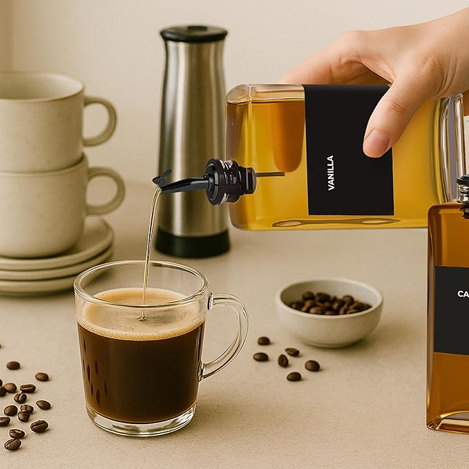 Olive Oil Dispenser Bottle - Includes 44 Kitchen Essential Labels - Cooking Oil Bottles for Kitchen, Coffee Syrup Dispenser - Pourer Spout with 11.8 fl oz Glass Container Cruet - 4pcs, Black