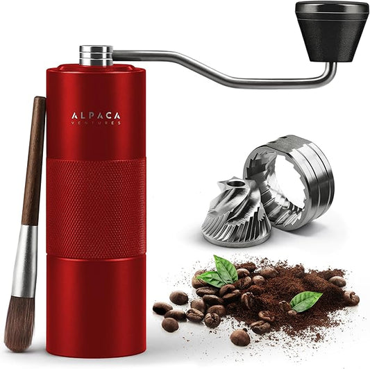 Manual Coffee Grinder by Alpaca Ventures - Stainless Steel Conical Burr Coffee Grinder Manual with Adjustable Setting Double Bearing Hand Espresso Grinder Perfect for Home, Office and Camping