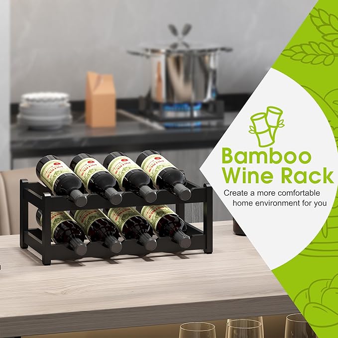 BMOSU Bamboo Wine Rack Wine Storage Cabinet Shelf 8 Bottle Wine Racks Countertop Sturdy for Kitchen Dining Room Pantry - 2 Tiers Wine Rack (Black)