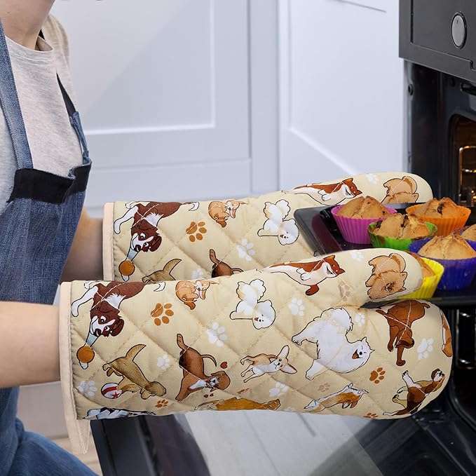 Cute Dogs Kitchen Towels and Oven Mitts Set 4Pcs, Soft Absorbent Dish Cloth Heat Resistant Oven Gloves for Cooking Baking Kitchen Decoration, Gifts for Her