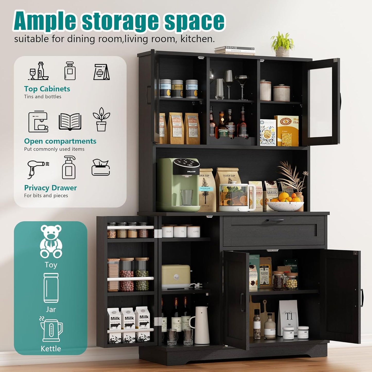 Vongrasig Tall Pantry Cabinet, Kitchen Pantry Storage Cabinet with Microwave Stand,Farmhouse Kitchen Hutch with Adjustable Shelves for Living Room, Dining Room, Black