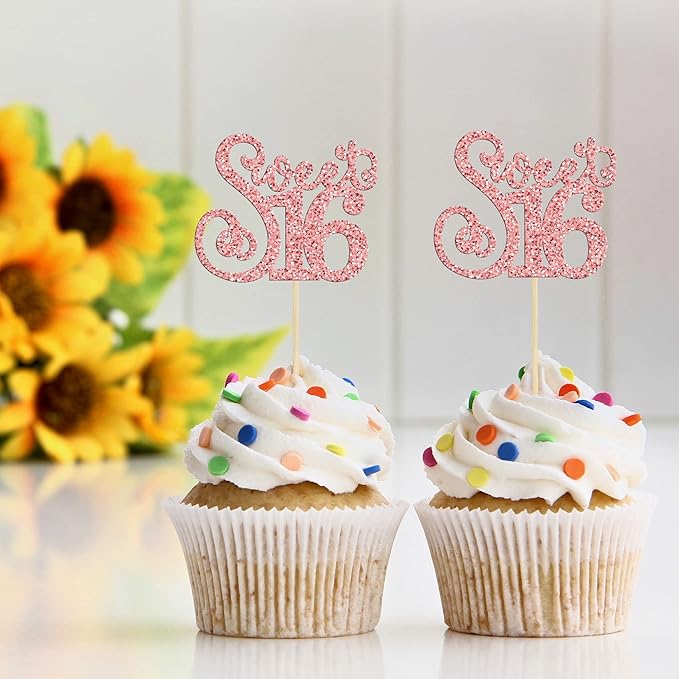Gyufise 24 Pack 16th Birthday Cupcake Toppers Glitter Sixteen Happy Sweet 16 Cupcake Picks Cheers to 16 Years Old Cupcake Decorations for 16th Birthday Anniversary Party Cake Supplies Rose Gold