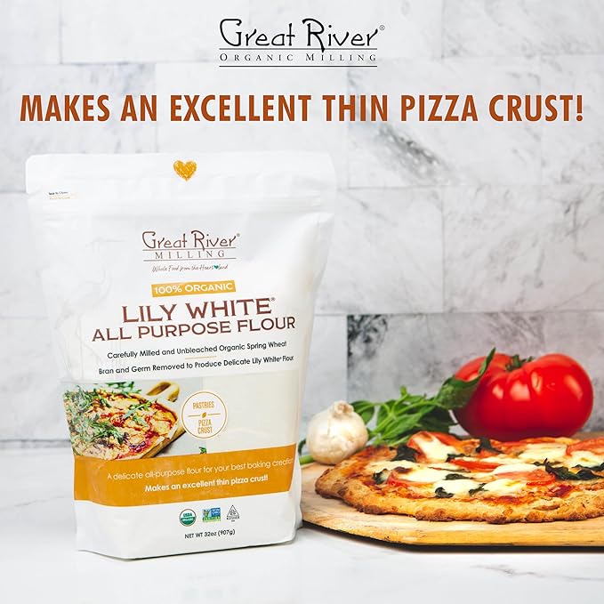 Great River Organic Milling Lily White Organic All-Purpose Flour | Unbleached & Unbromated | Non-GMO, Kosher | Ideal for Bread, Cookies, Cakes, Pizza Dough & Everyday Baking | 2 Lb (Pack of 4)