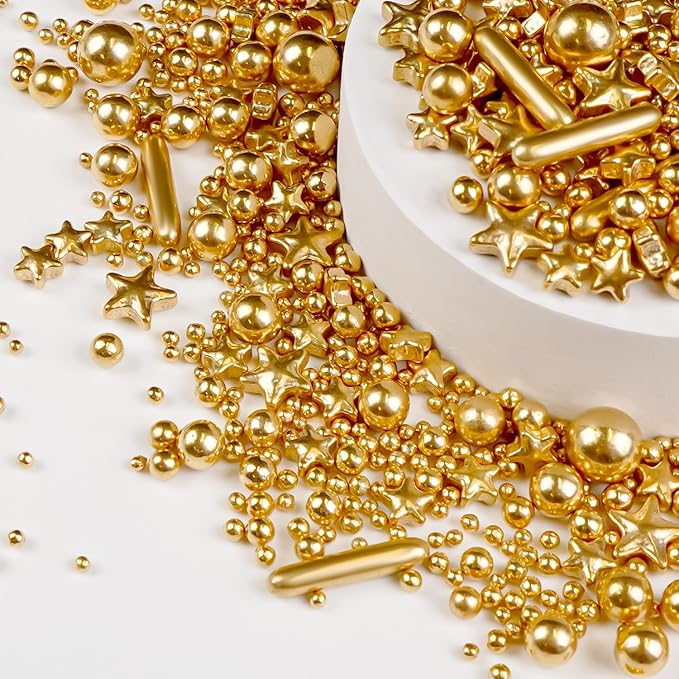 Gold Pearl Star Rods Sprinkles, Edible Gold Pearls Sprinkles for Cake Decorating, 150g/5.29oz, Cake Decoration, Cake Toppers, Wedding Party, Christmas Baking Supplies