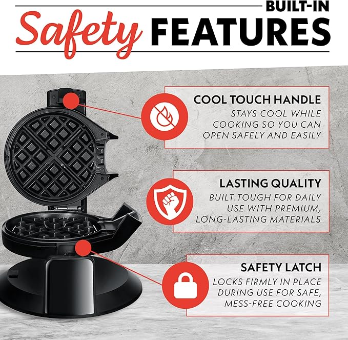 Gourmia GWM468 Dual Pour Waffle Maker with Easy Pour Spout + Horizontal Pour, Angled Cooking, 5 Shade Settings, and Indicator Lights - Recipe Book Included