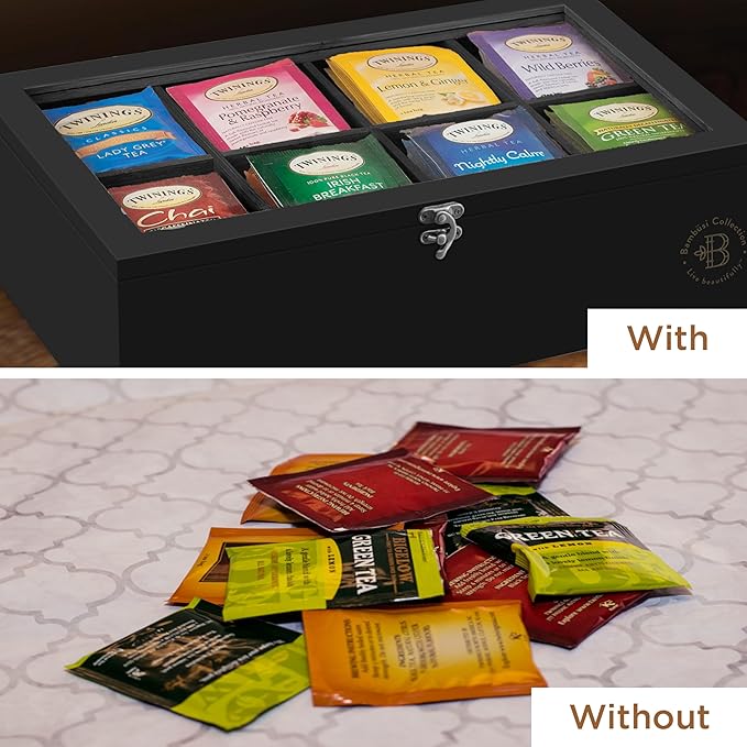 Bambüsi Tea Bag Organizer - Bamboo Tea Box Organizer Storage Box, Tea Bag Holder with Acrylic Window, Magnetic Lid Keeps Tea Bags Fresh - Ideal Gifts Tea Organizer Caddy (Tea Not Included) - Black