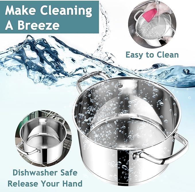 E-far 4 Quart Stock Pot with Lid, Stainless Steel Stockpot for Cooking Simmering Soup Pasta Sauce, with Tri-Ply Bottom & Visible Cover, Induction/Gas/Dishwasher Safe, Heavy Duty & Non Toxic