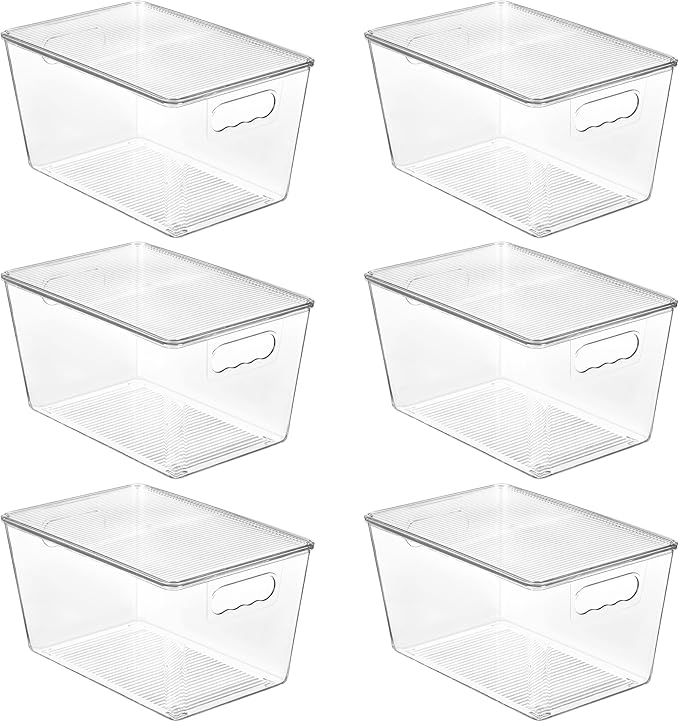Vtopmart 6 Pack Clear Stackable Storage Bins with Lids, Large Plastic Containers with Handle for Pantry Organizer and Storage,Perfect for Bathroom,Cabinet,Kitchen,Fridge,Closet Organization