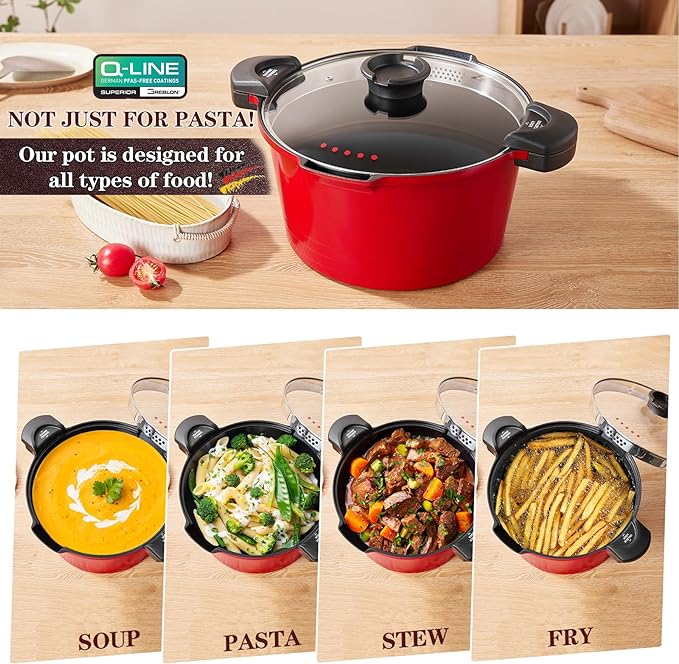 5qt Pasta Pot with Strainer Lid, Cast Aluminum Stockpot Multipot, Nonstick Ceramic Coating make Cleanup easy with Tempered Glass Lid, Dishwasher Safe, Induction, Black (Red, 5 Quarts)