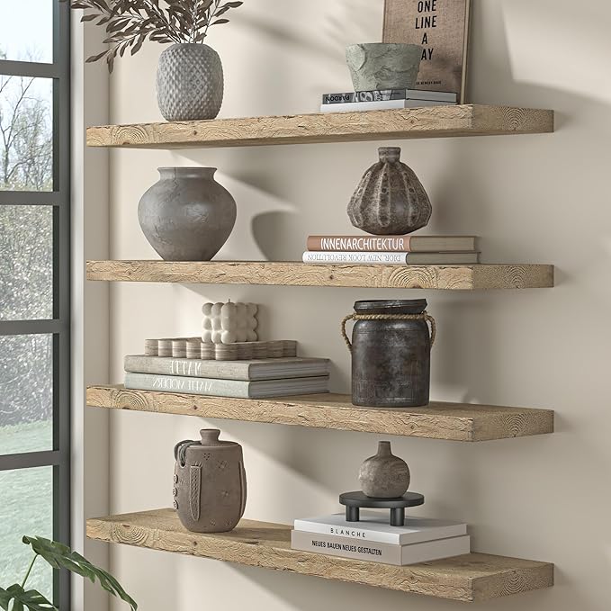 Fun Memories Floating Shelves for Wall Decor, 24"x8" Rustic Reclaimed Wood Shelves, Heavy-Duty Wall Mounted Shelves with Invisible Brackets, Set of 2for Living Room, Bedroom, Kitchen, Natural Finish