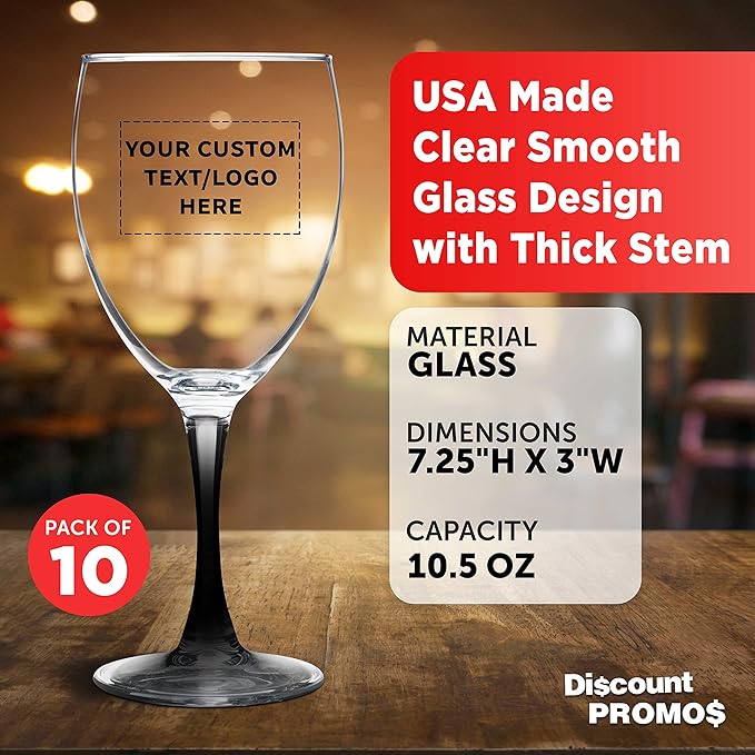 Custom Nuance Wine Glasses by ARC 10.5 oz. Set of 10, Personalized Bulk Pack - Restaurant Glassware, Perfect for Red Wine, White Wine, Cocktails - Black