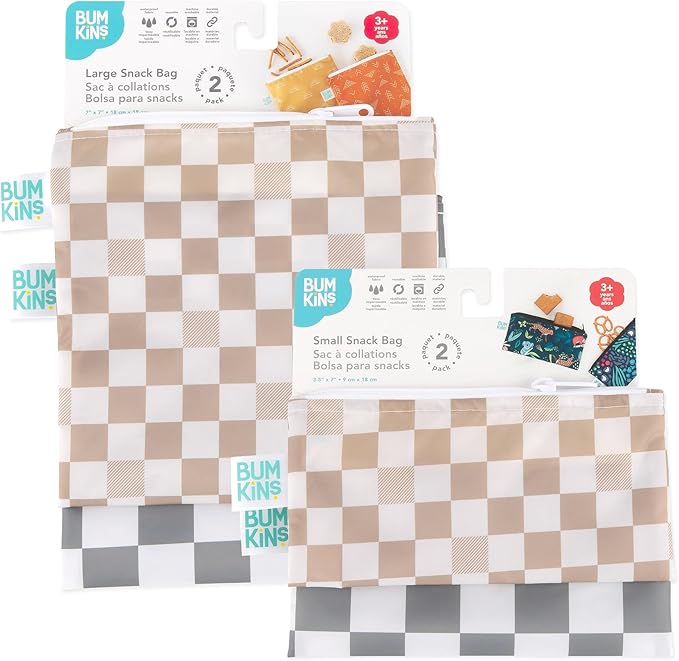 Bumkins - Cloth Snack & Sandwich Bags - For Storage, Travel, Food Prep, Lunch - Reusable, Water Resistant, Washable, Dishwasher Safe - Snack Bags for Kids - Zipper Closure - Check - 4 Pack