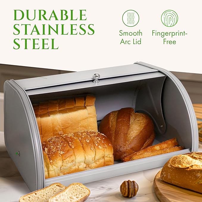 FINESSY Modern Metal Bread Box for Kitchen Countertop, Farmhouse Homemade Loaf Bread Storage Bin Holder for Kitchen Counters Organizer, Airtight Roll Top Sourdough Corner Breadbox Container Keeper