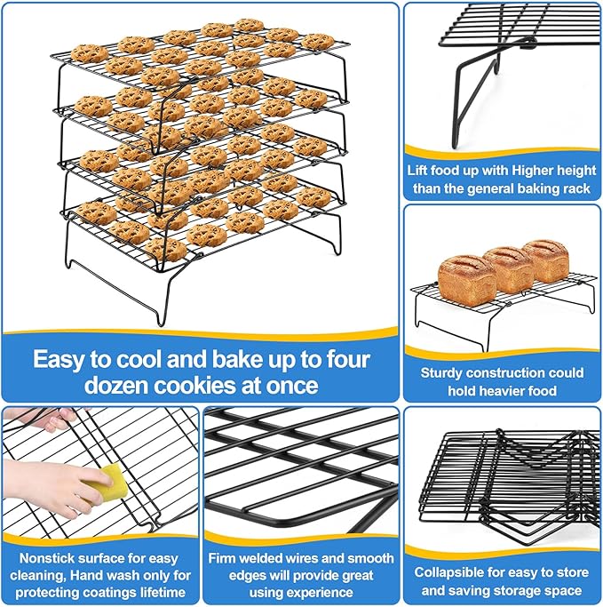 P&P CHEF 4-Tier Cooling Rack Set, Stainless Steel Stackable Baking Cooking Racks for Cooling Roasting Cooking, Raised & Folding Feet, Oven Safe & Easy Clean, 15" x 10", Black