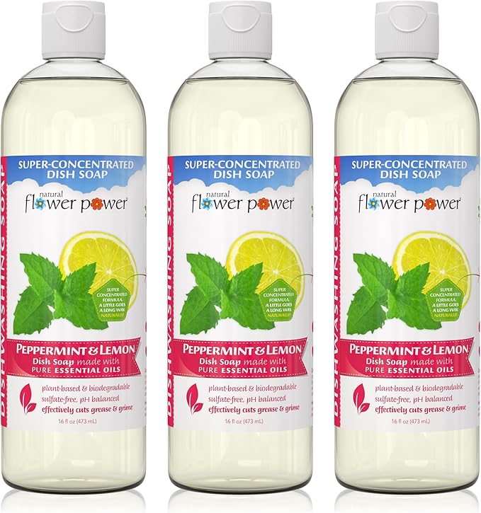 Plant-Derived Dish Soap - Sulfate-Free, Bio-Based, pH-Balanced, Vegan Cleaning Supplies - Peppermint & Lemon - 3 x 16 oz