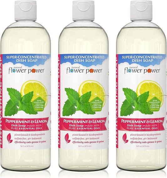 Plant-Derived Dish Soap - Sulfate-Free, Bio-Based, pH-Balanced, Vegan Cleaning Supplies - Peppermint & Lemon - 3 x 16 oz