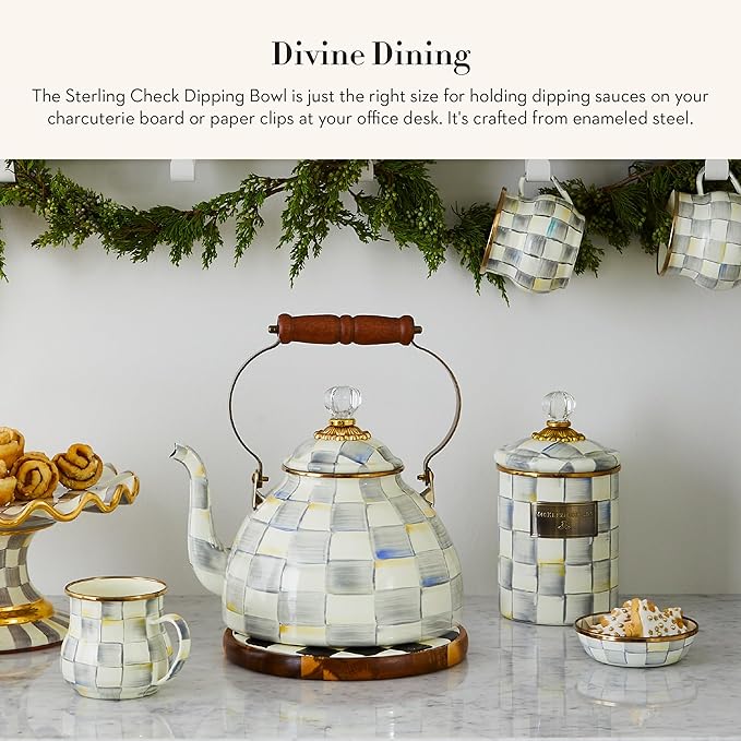 MACKENZIE-CHILDS Enamel Dipping Bowl, Small Serving Bowl for Entertaining, Gray-and-White Sterling Check